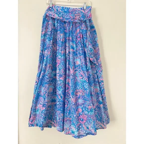 Talbots Cotton Voile Maxi Skirt Flowing Floral Blue Pink Tropical Pockets Tie 10 - Picture 3 of 5